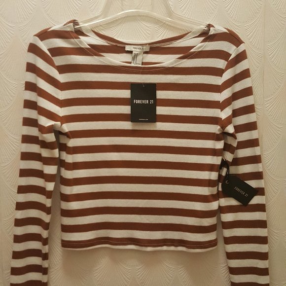 NWT Forever 21 long sleeve crop top M white brown - Picture 2 of 5